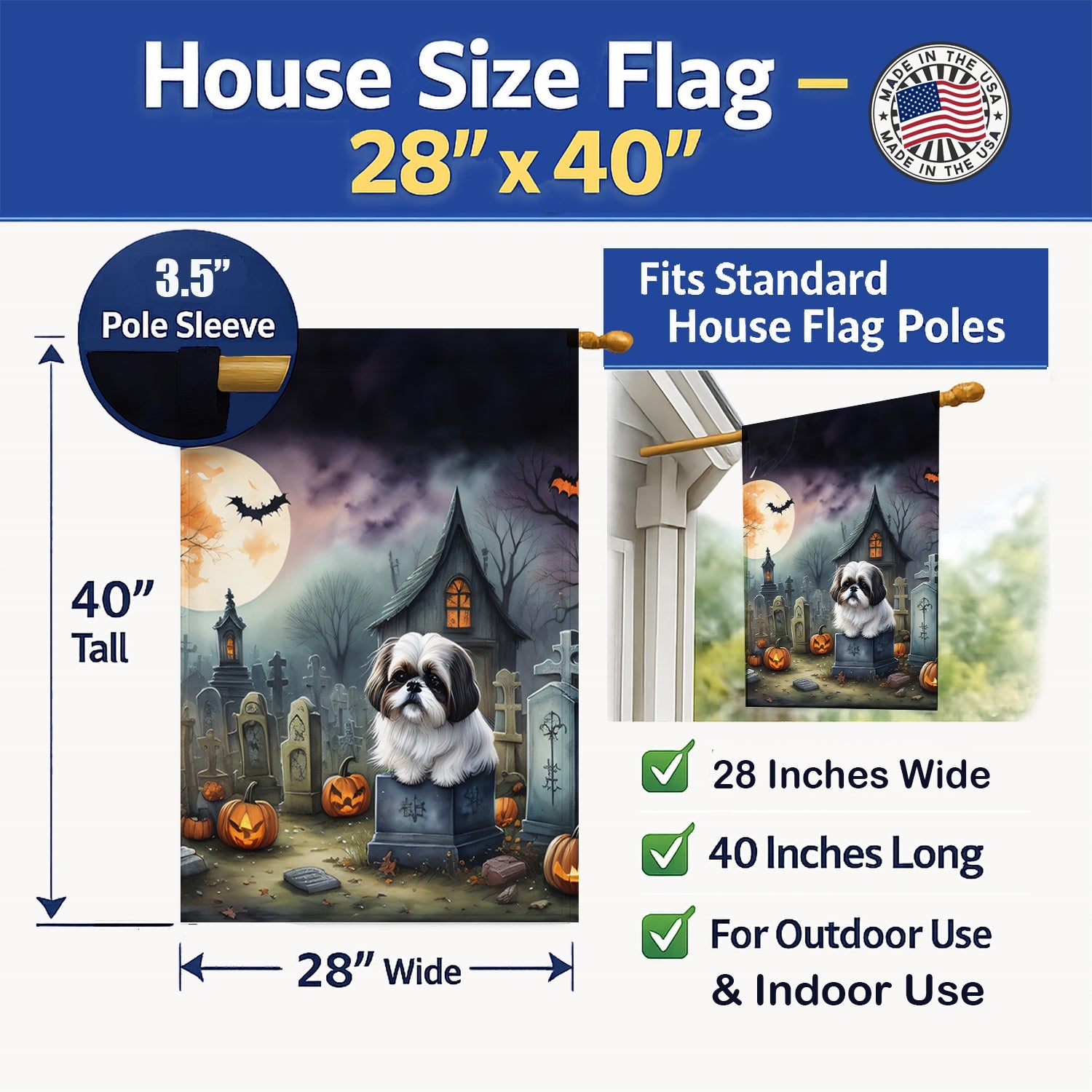 Shih Tzu Spooky Halloween House Flag 28x40 Porch Sleeve Pole Decorative Outside Yard Banner Artwork Wall Hanging, Polyester