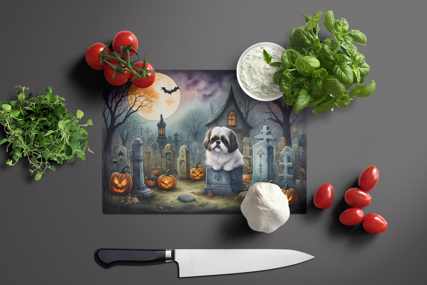 Shih Tzu Spooky Halloween Cutting Board Tempered Glass Kitchen Cutting Surface, Heat Resistant Chopping, Non-Slip Feet, Food Prep & Serving
