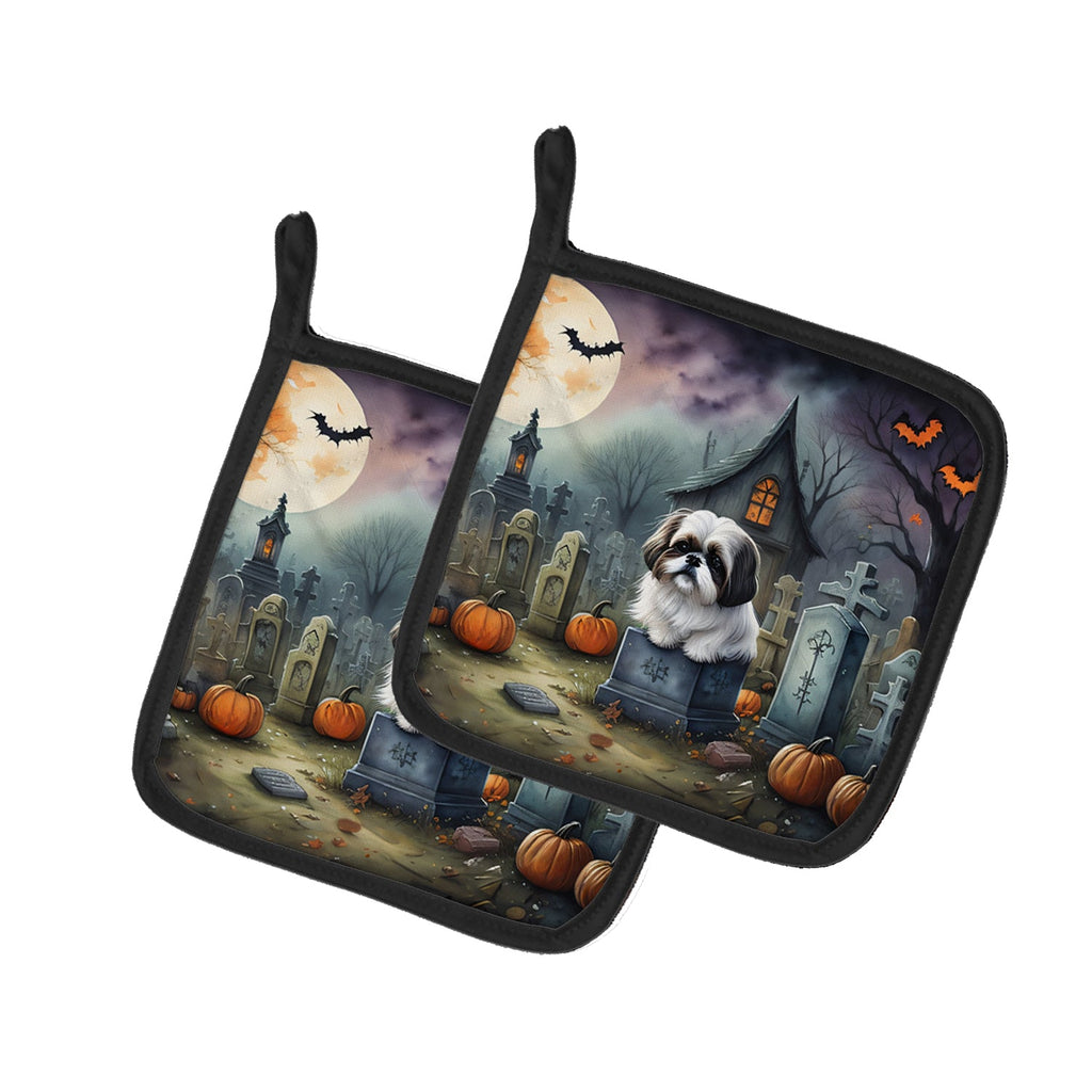 Shih Tzu Spooky Halloween Pot Holder Set of 2 Heat Resistant Quilted Hot Pads 7.5 x 7.5 Inch, Insulated Kitchen Trivets for Cooking & Baking