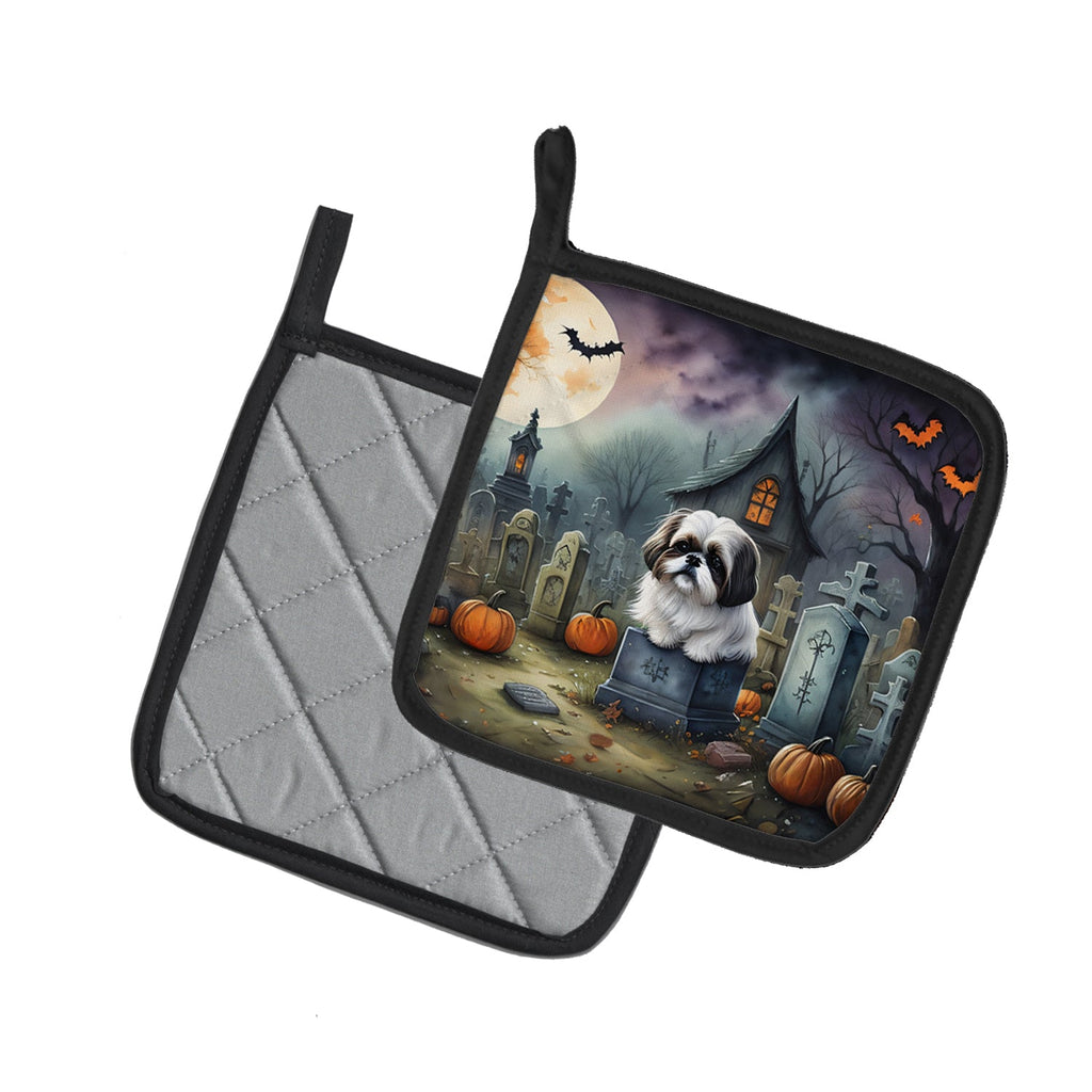 Shih Tzu Spooky Halloween Pot Holder Set of 2 Heat Resistant Quilted Hot Pads 7.5 x 7.5 Inch, Insulated Kitchen Trivets for Cooking & Baking