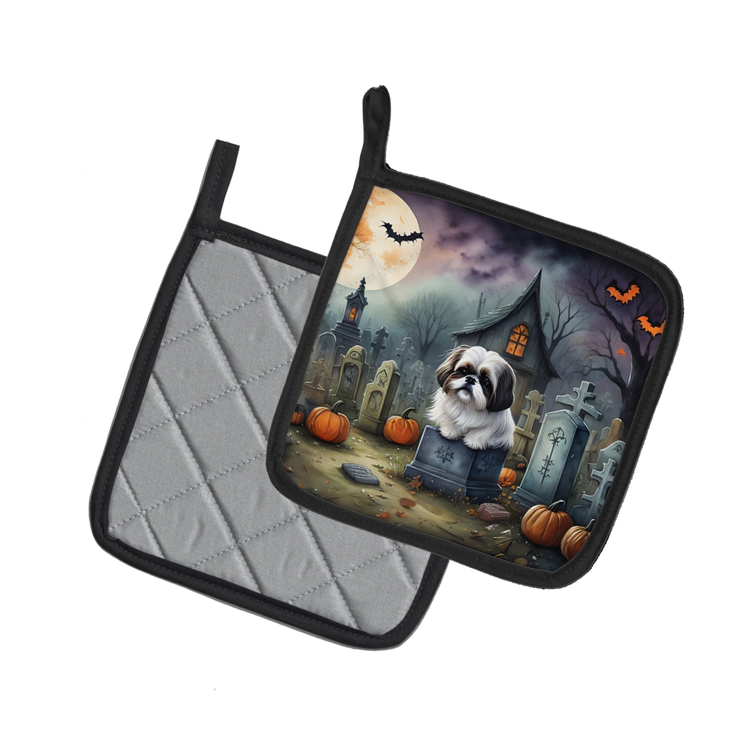 Shih Tzu Spooky Halloween Pot Holder Set of 2 Heat Resistant Quilted Hot Pads 7.5 x 7.5 Inch, Insulated Kitchen Trivets for Cooking & Baking
