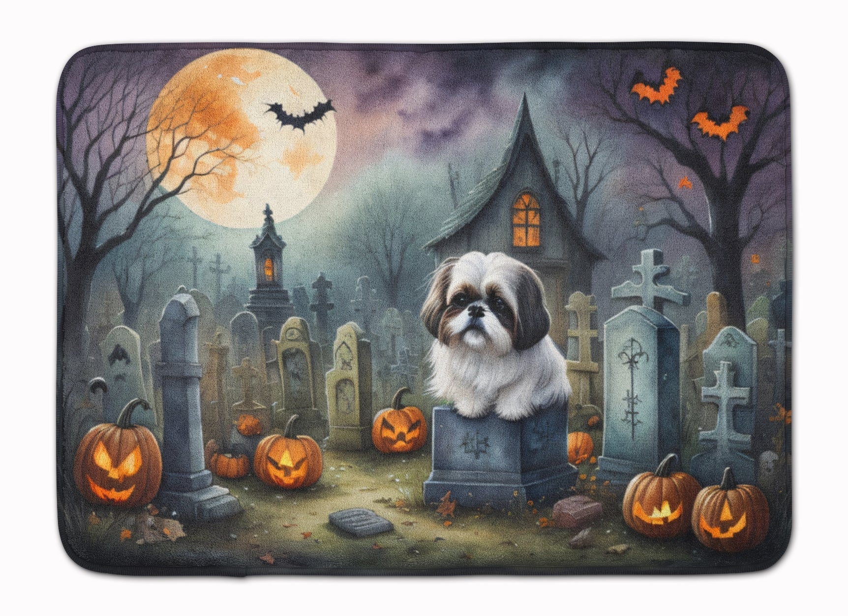 Shih Tzu Spooky Halloween Memory Foam Kitchen Mat Machine Washable Anti-Fatigue Cushion Comfort Bath or Kitchen Rug