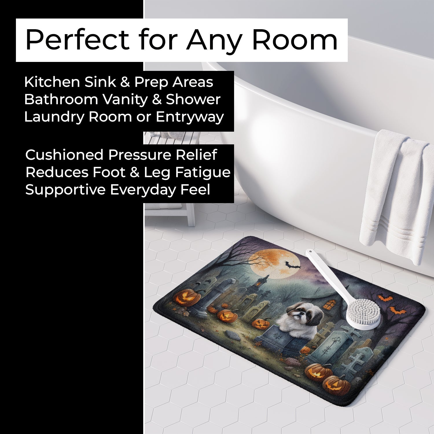 Shih Tzu Spooky Halloween Memory Foam Kitchen Mat Machine Washable Anti-Fatigue Cushion Comfort Bath or Kitchen Rug