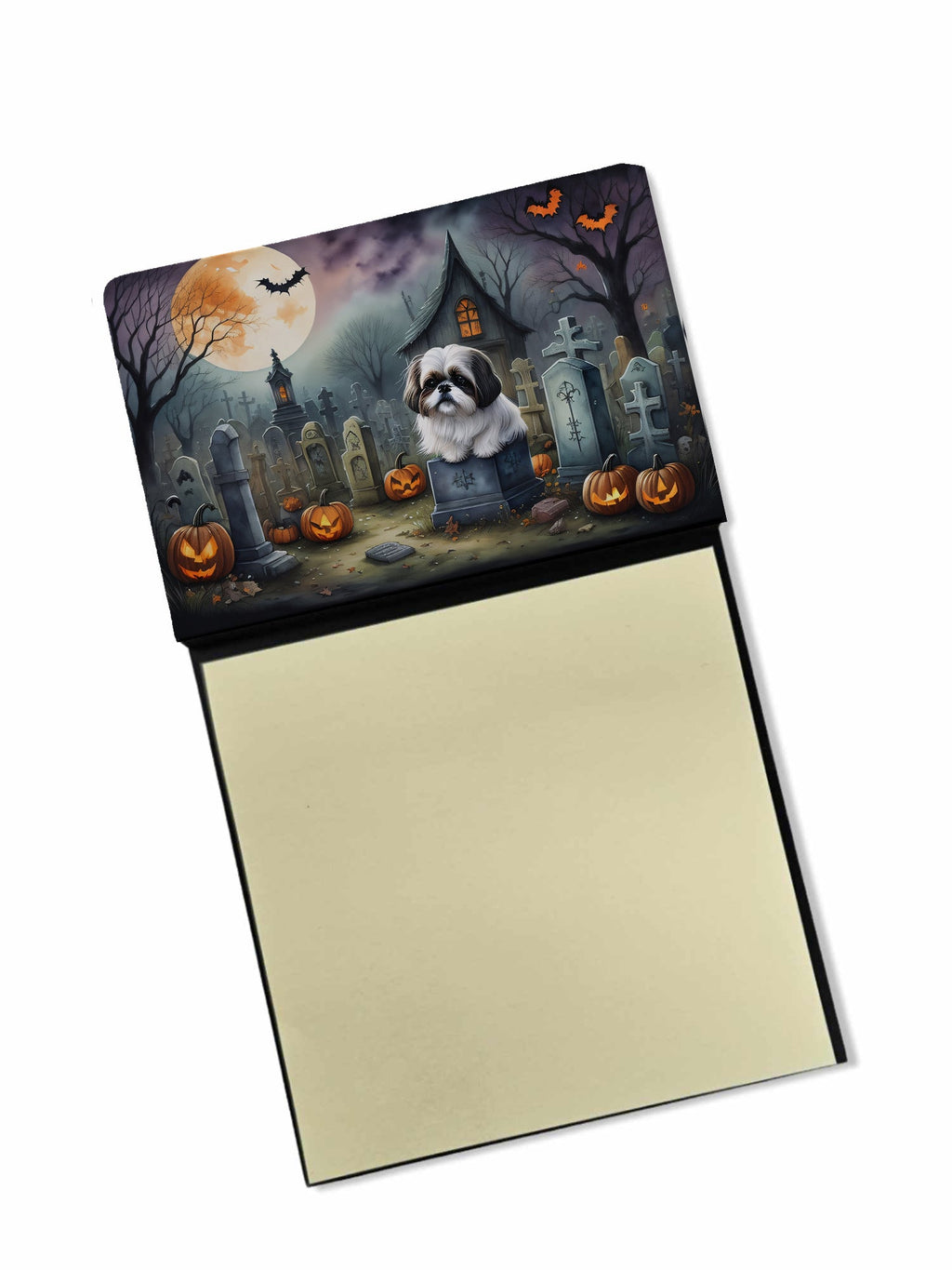 Shih Tzu Spooky Halloween Watercolor Sticky Note Holder Refillable Dispenser Desk Accessory 3x3 Pad Gift