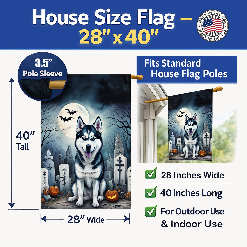 Siberian Husky Spooky Halloween House Flag 28x40 Porch Sleeve Pole Decorative Outside Yard Banner Artwork Wall Hanging, Polyester