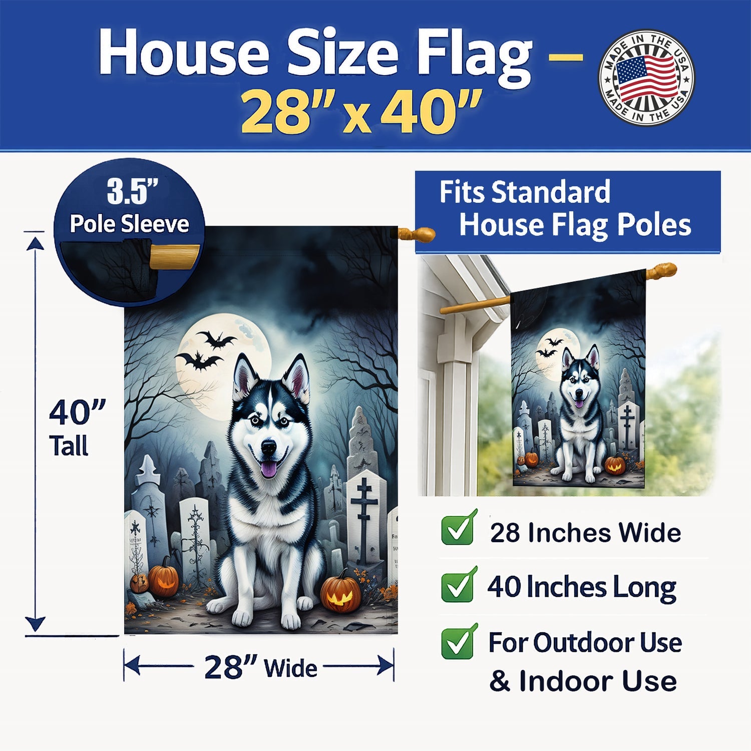 Siberian Husky Spooky Halloween House Flag 28x40 Porch Sleeve Pole Decorative Outside Yard Banner Artwork Wall Hanging, Polyester