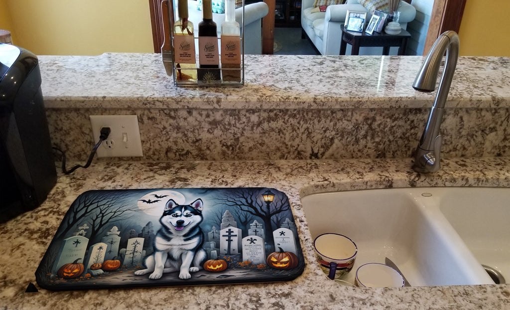 Siberian Husky Spooky Halloween Dish Drying Mat Absorbent Dish Drying Mat Pad for Kitchen Counter Dish Drainer Mat for Countertop, 14 x 21", Multicolor
