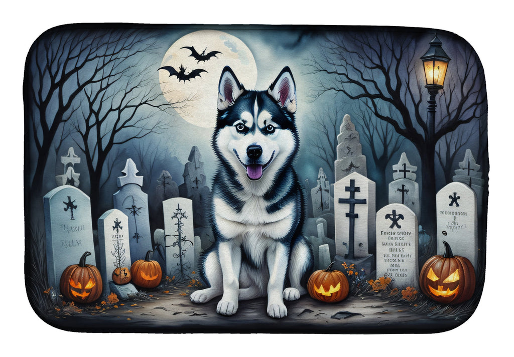 Siberian Husky Spooky Halloween Dish Drying Mat Absorbent Dish Drying Mat Pad for Kitchen Counter Dish Drainer Mat for Countertop, 14 x 21", Multicolor