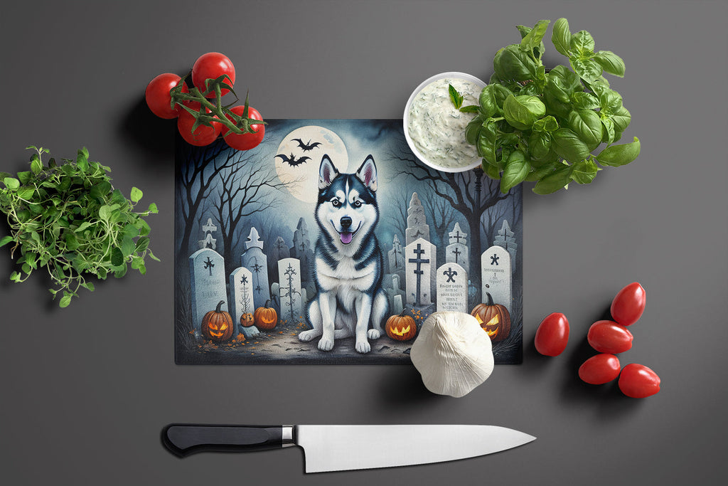 Siberian Husky Spooky Halloween Cutting Board Tempered Glass Kitchen Cutting Surface, Heat Resistant Chopping, Non-Slip Feet, Food Prep & Serving