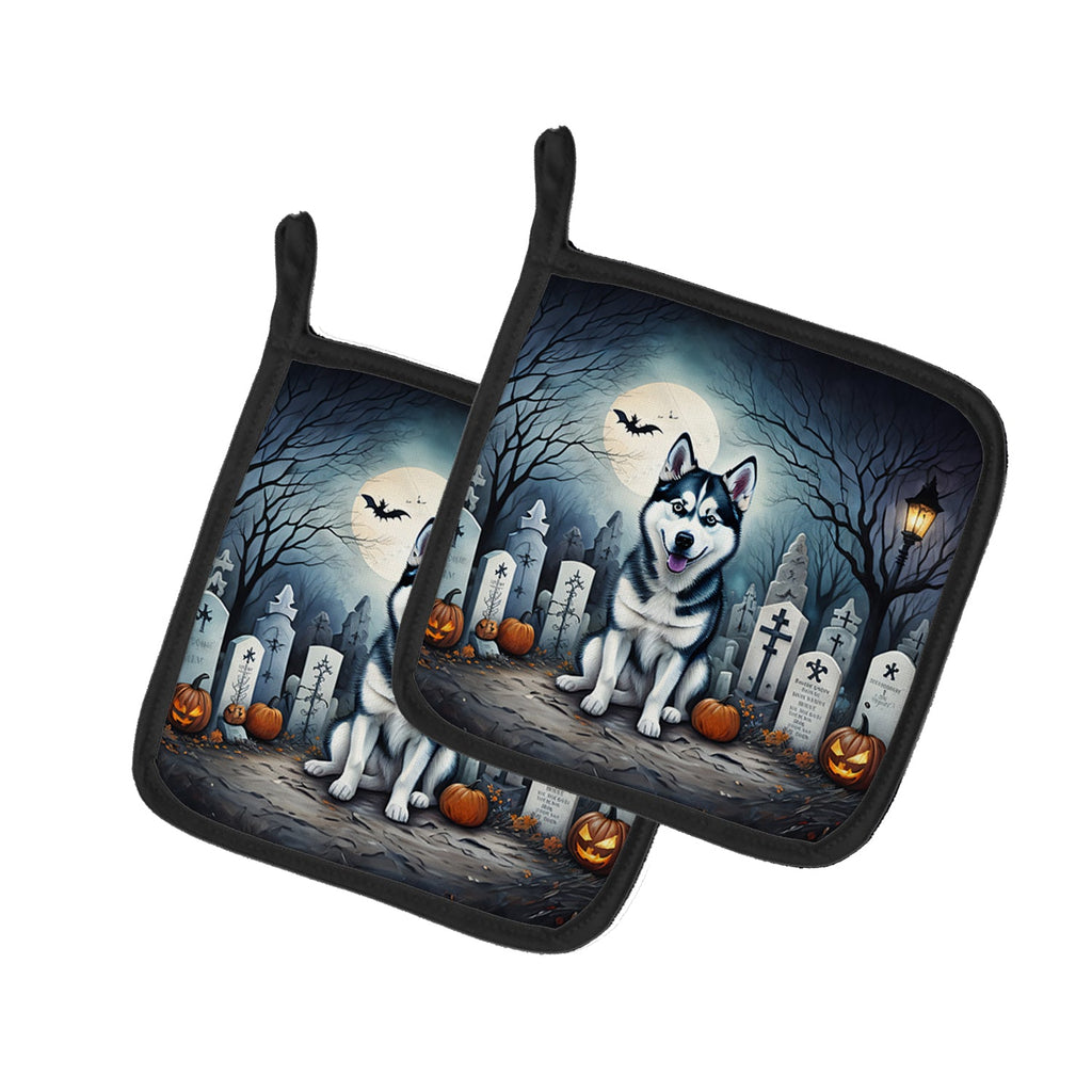 Siberian Husky Spooky Halloween Pot Holder Set of 2 Heat Resistant Quilted Hot Pads 7.5 x 7.5 Inch, Insulated Kitchen Trivets for Cooking & Baking