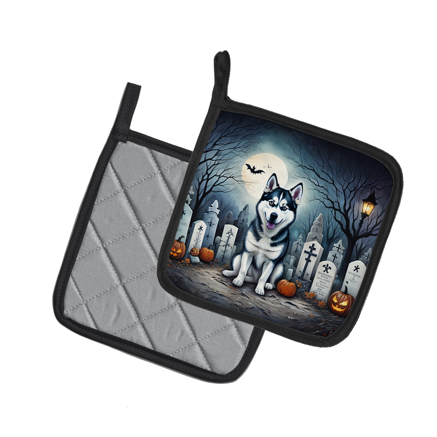 Siberian Husky Spooky Halloween Pot Holder Set of 2 Heat Resistant Quilted Hot Pads 7.5 x 7.5 Inch, Insulated Kitchen Trivets for Cooking & Baking