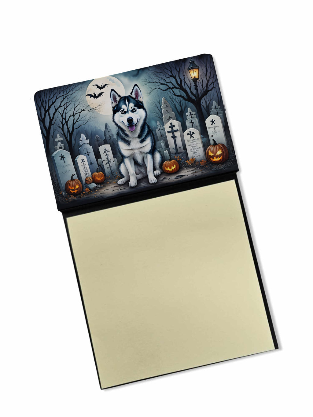 Siberian Husky Spooky Halloween Watercolor Sticky Note Holder Refillable Dispenser Desk Accessory 3x3 Pad Gift