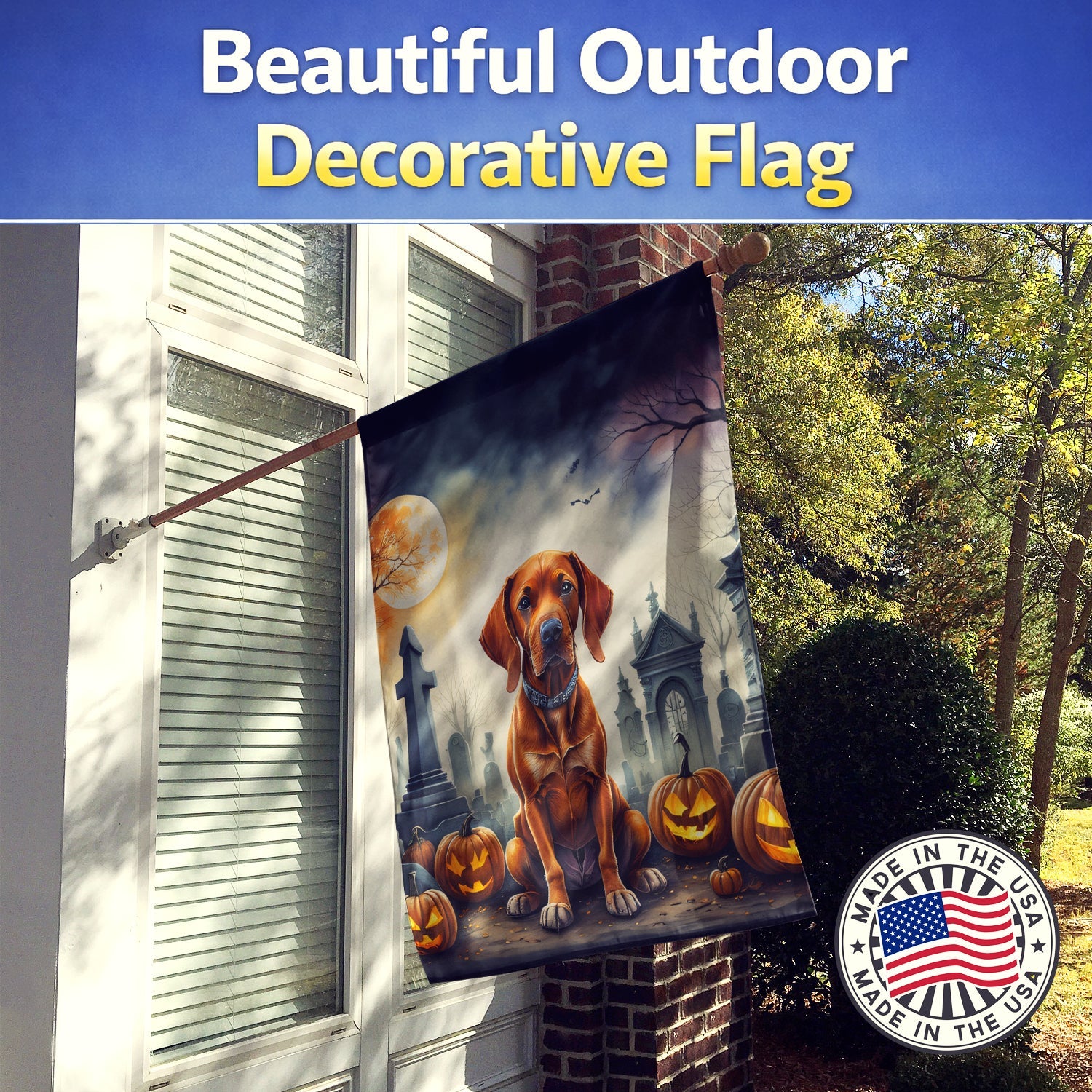 Vizsla Spooky Halloween House Flag 28x40 Porch Sleeve Pole Decorative Outside Yard Banner Artwork Wall Hanging, Polyester