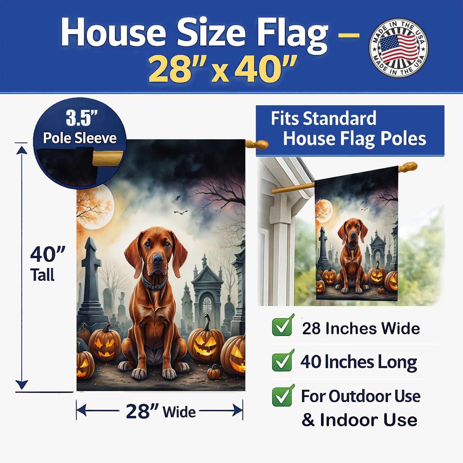 Vizsla Spooky Halloween House Flag 28x40 Porch Sleeve Pole Decorative Outside Yard Banner Artwork Wall Hanging, Polyester