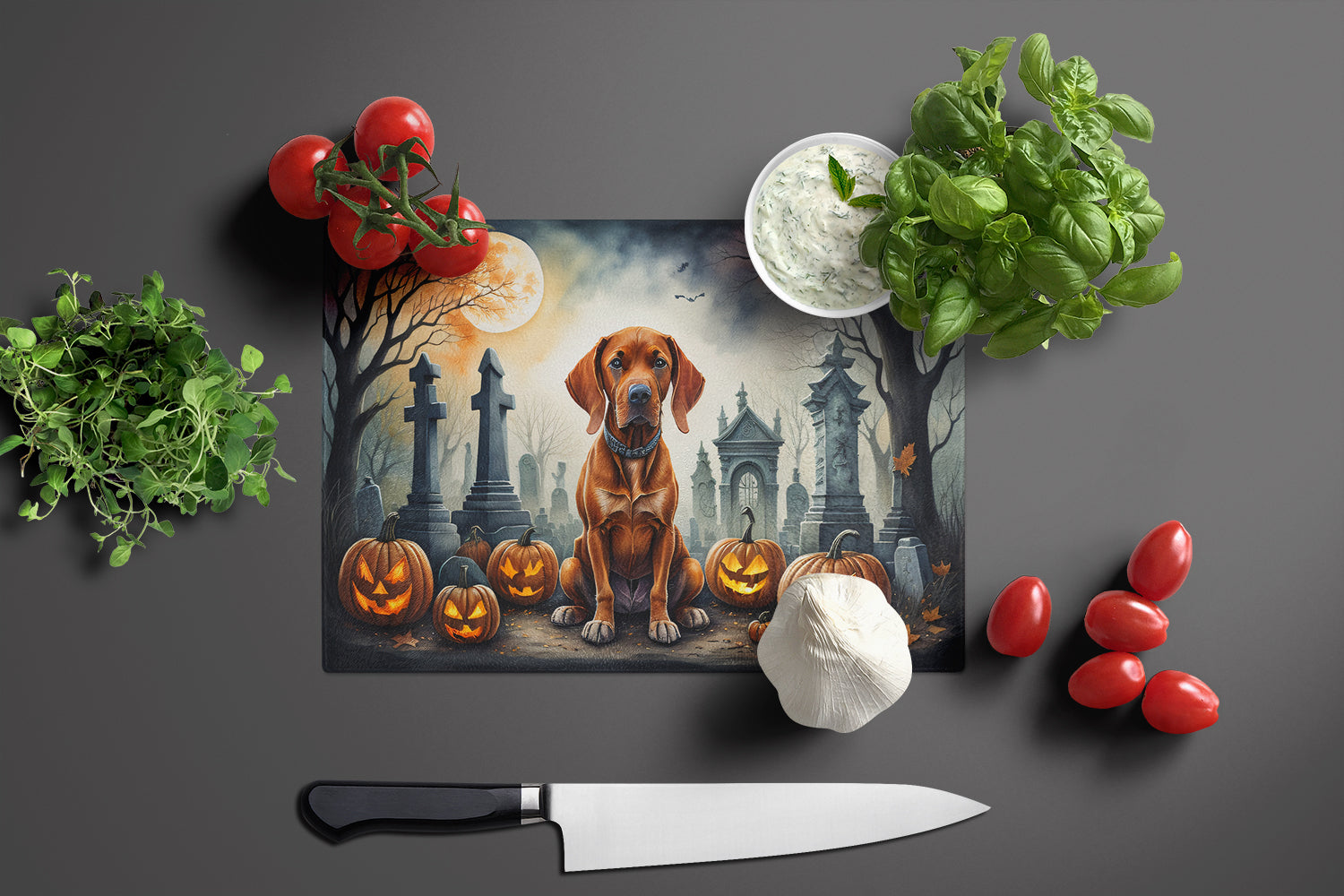 Vizsla Spooky Halloween Cutting Board Tempered Glass Kitchen Cutting Surface, Heat Resistant Chopping, Non-Slip Feet, Food Prep & Serving