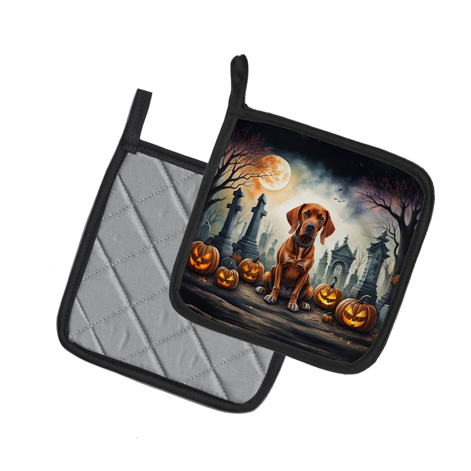 Vizsla Spooky Halloween Pot Holder Set of 2 Heat Resistant Quilted Hot Pads 7.5 x 7.5 Inch, Insulated Kitchen Trivets for Cooking & Baking