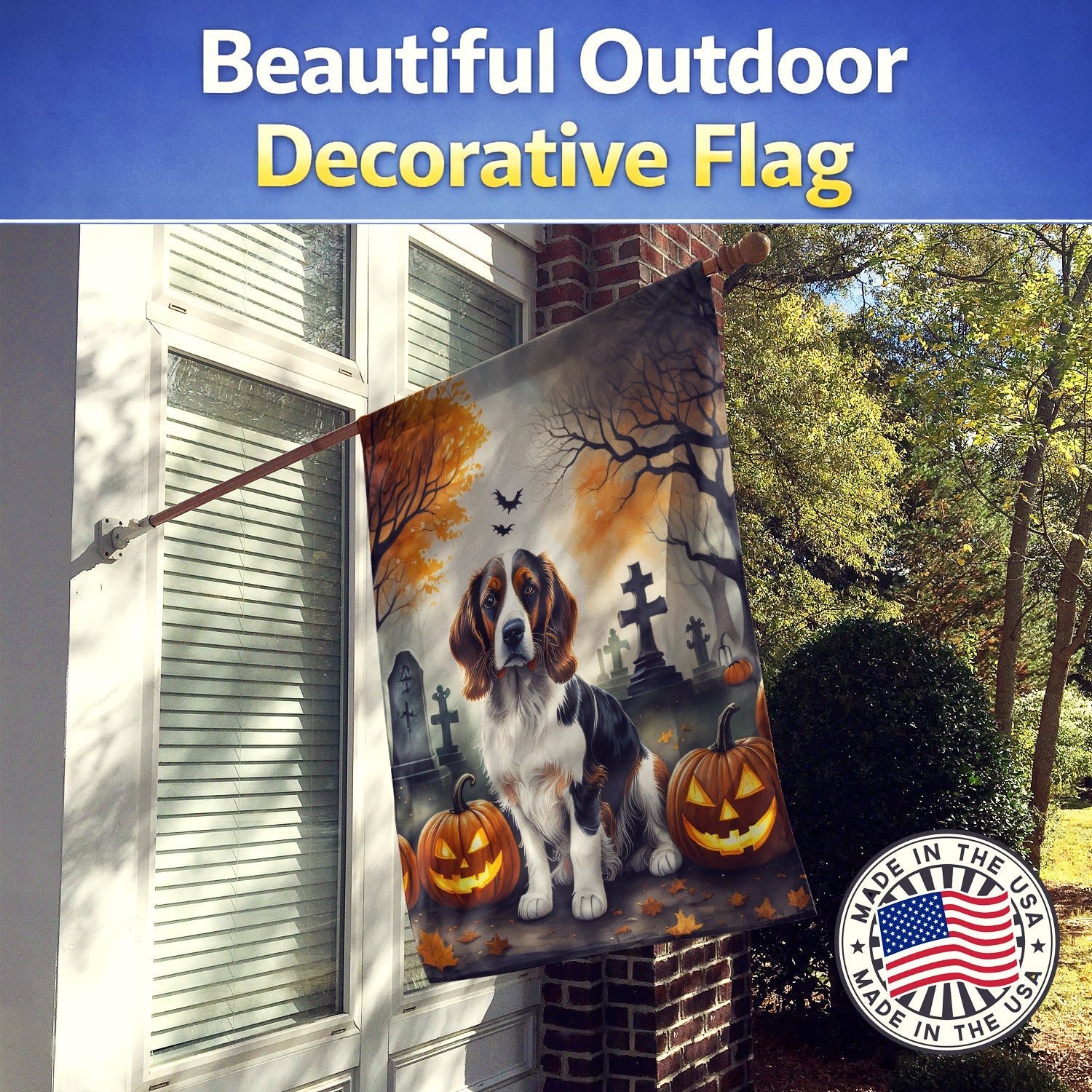 Welsh Springer Spaniel Spooky Halloween House Flag 28x40 Porch Sleeve Pole Decorative Outside Yard Banner Artwork Wall Hanging, Polyester