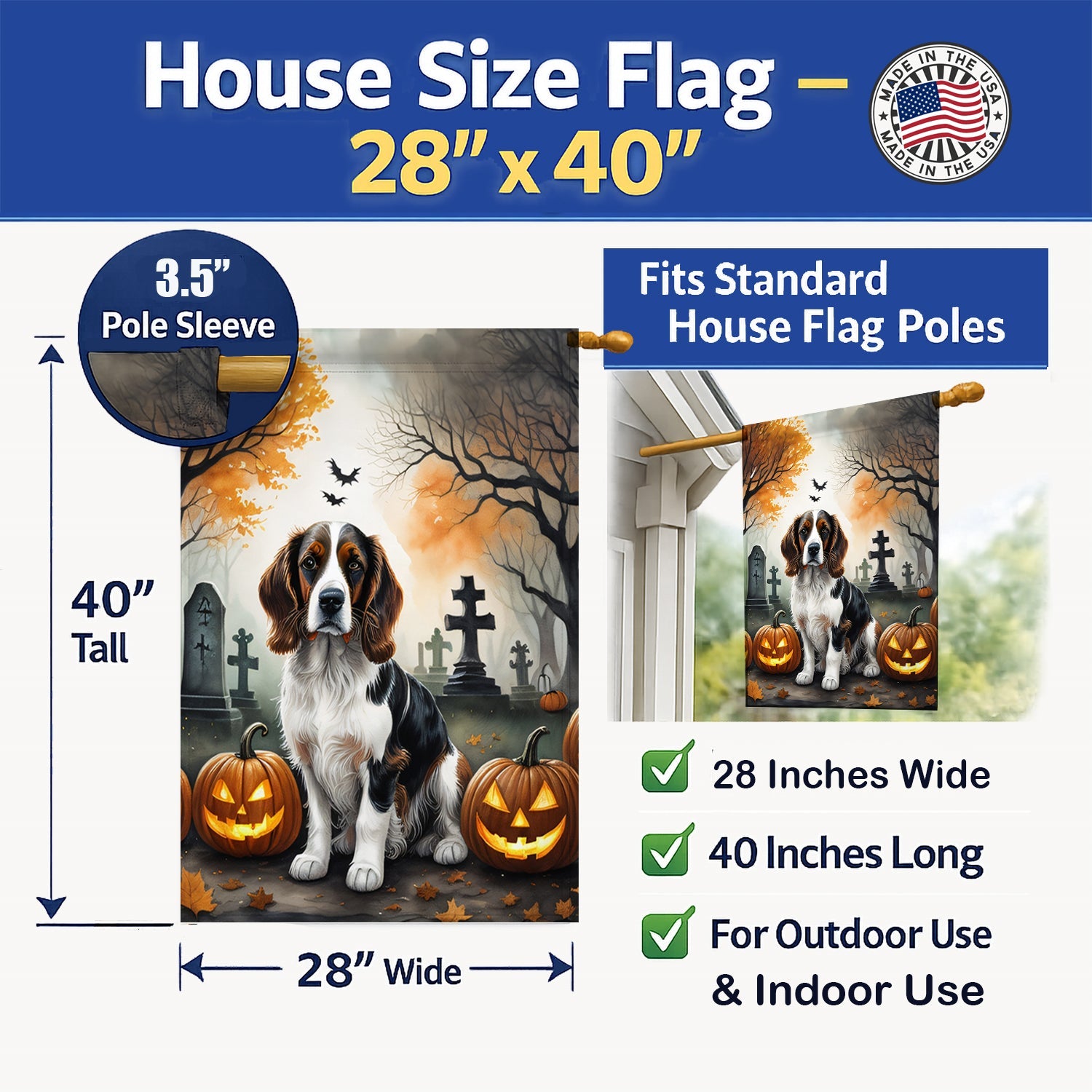 Welsh Springer Spaniel Spooky Halloween House Flag 28x40 Porch Sleeve Pole Decorative Outside Yard Banner Artwork Wall Hanging, Polyester
