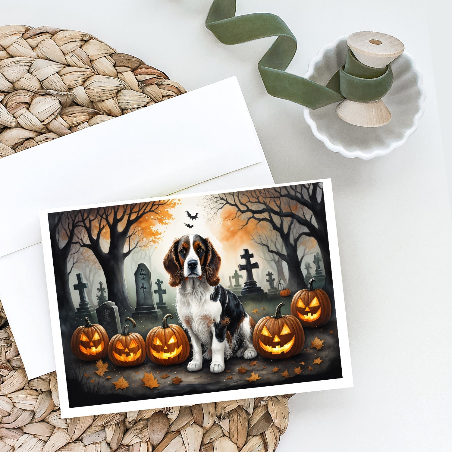 Welsh Springer Spaniel Spooky Halloween Greeting Cards Pack of 8 Blank Cards with Envelopes Whimsical A7 Size 5x7