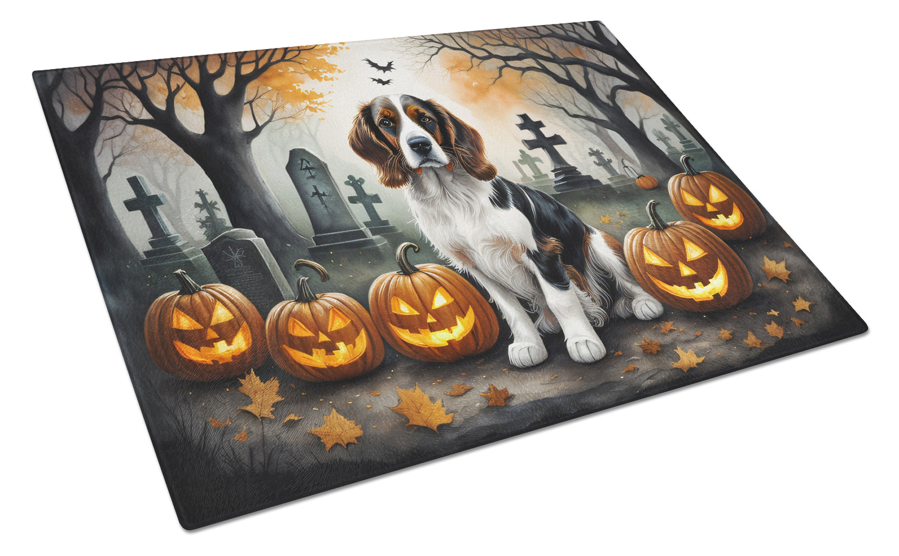 Welsh Springer Spaniel Spooky Halloween Cutting Board Tempered Glass Kitchen Cutting Surface, Heat Resistant Chopping, Non-Slip Feet, Food Prep & Serving