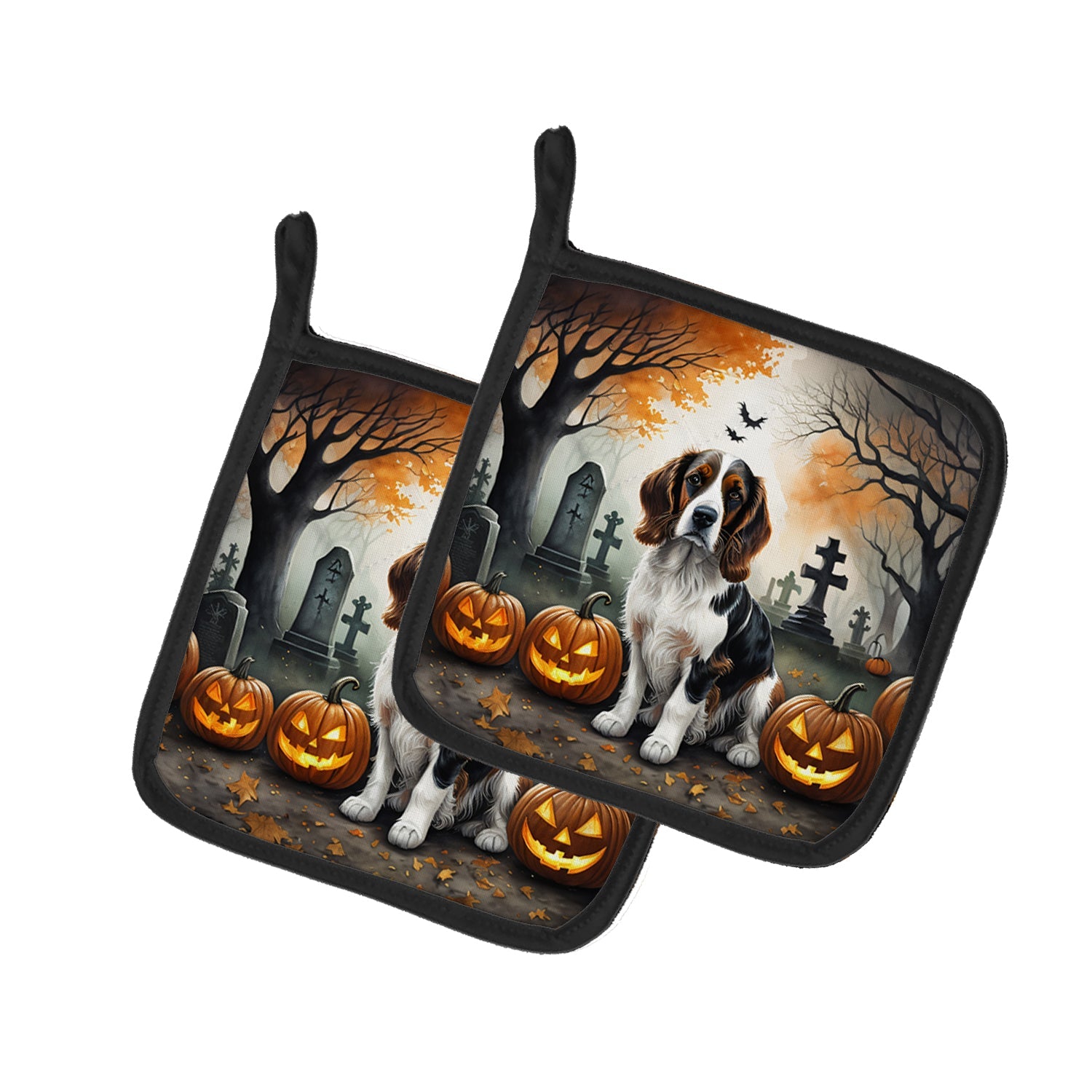 Welsh Springer Spaniel Spooky Halloween Pot Holder Set of 2 Heat Resistant Quilted Hot Pads 7.5 x 7.5 Inch, Insulated Kitchen Trivets for Cooking & Baking