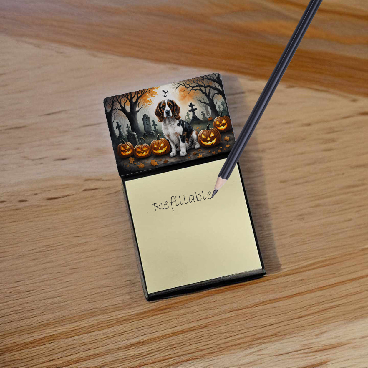 Welsh Springer Spaniel Spooky Halloween Watercolor Sticky Note Holder Refillable Dispenser Desk Accessory 3x3 Pad Gift