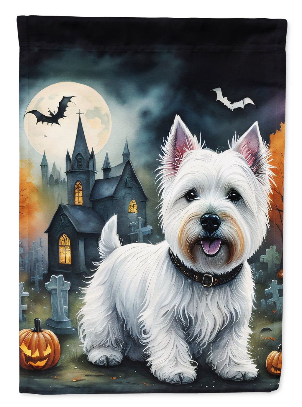 Westie Spooky Halloween House Flag 28x40 Porch Sleeve Pole Decorative Outside Yard Banner Artwork Wall Hanging, Polyester