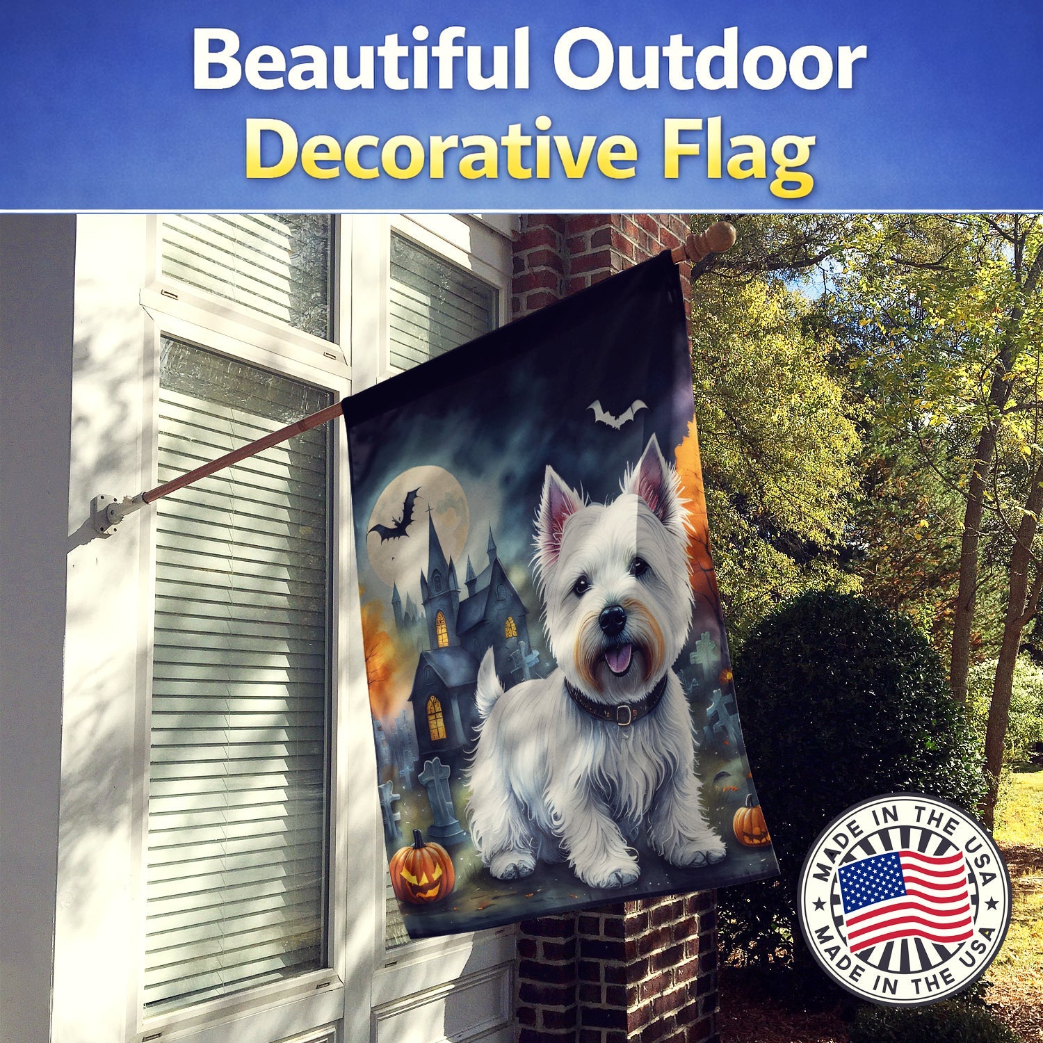 Westie Spooky Halloween House Flag 28x40 Porch Sleeve Pole Decorative Outside Yard Banner Artwork Wall Hanging, Polyester