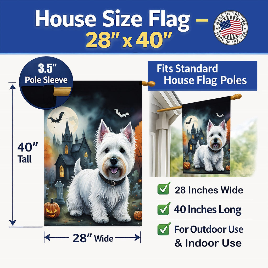 Westie Spooky Halloween House Flag 28x40 Porch Sleeve Pole Decorative Outside Yard Banner Artwork Wall Hanging, Polyester