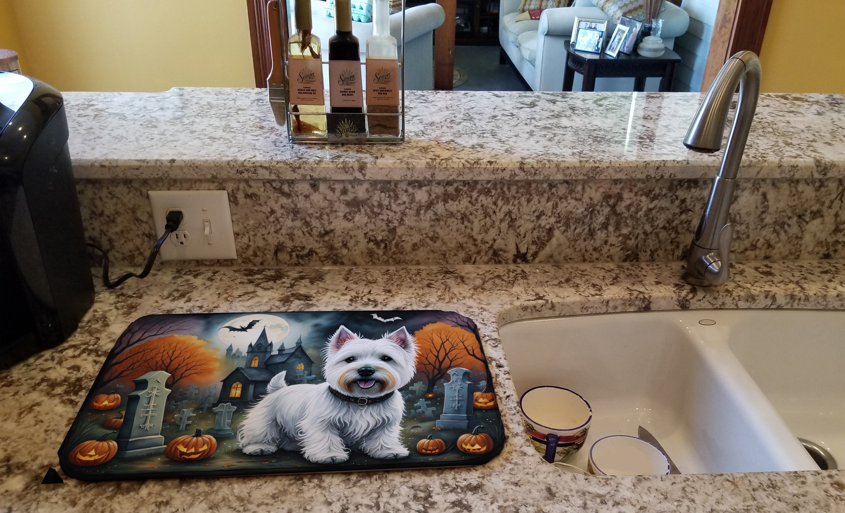 Westie Spooky Halloween Dish Drying Mat Absorbent Dish Drying Mat Pad for Kitchen Counter Dish Drainer Mat for Countertop, 14 x 21", Multicolor