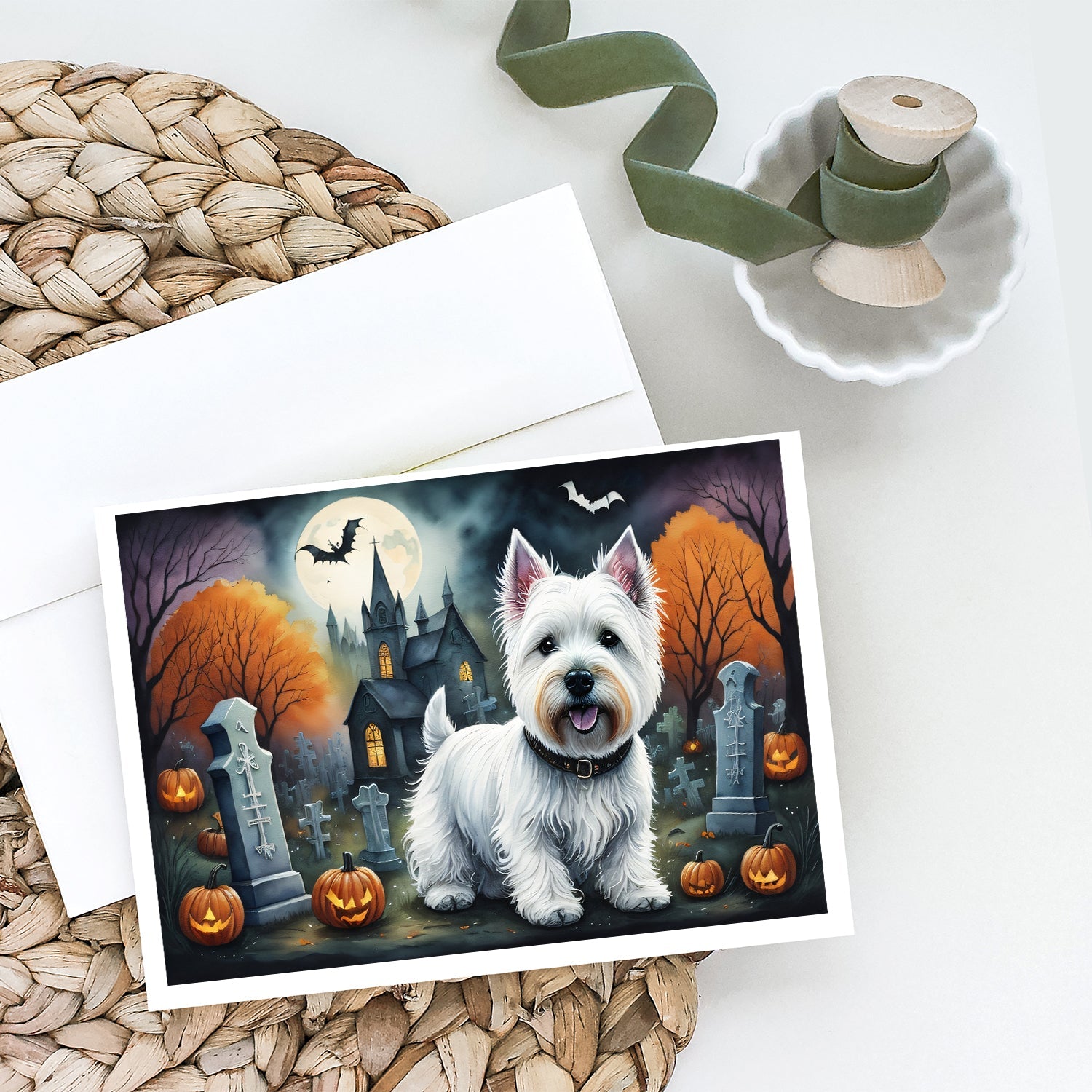 Westie Spooky Halloween Greeting Cards Pack of 8 Blank Cards with Envelopes Whimsical A7 Size 5x7