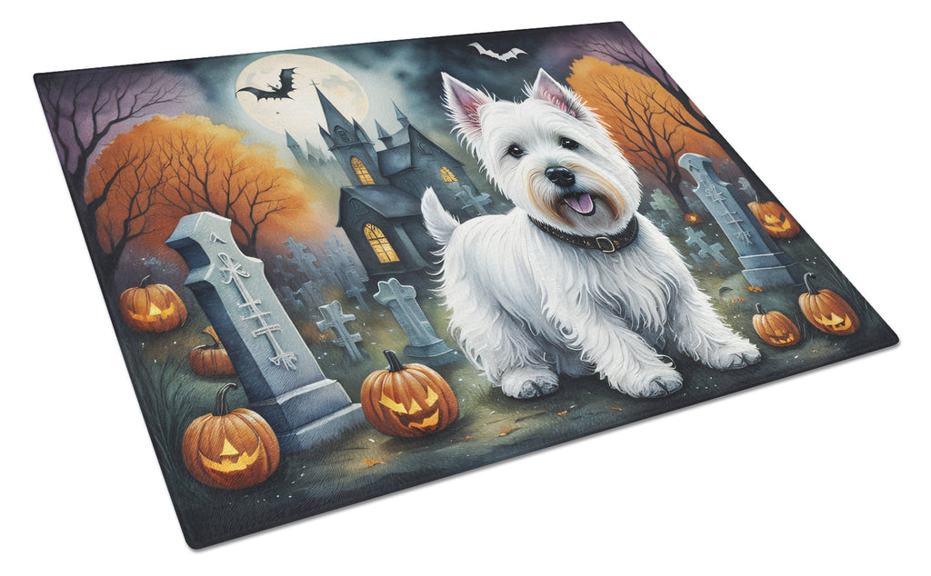 Westie Spooky Halloween Cutting Board Tempered Glass Kitchen Cutting Surface, Heat Resistant Chopping, Non-Slip Feet, Food Prep & Serving