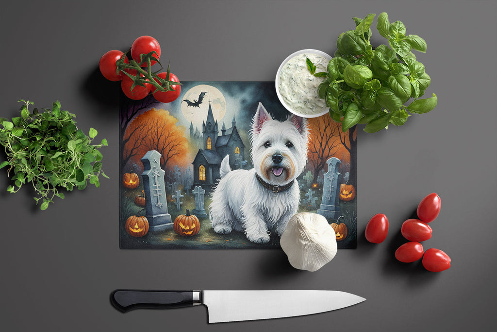 Westie Spooky Halloween Cutting Board Tempered Glass Kitchen Cutting Surface, Heat Resistant Chopping, Non-Slip Feet, Food Prep & Serving