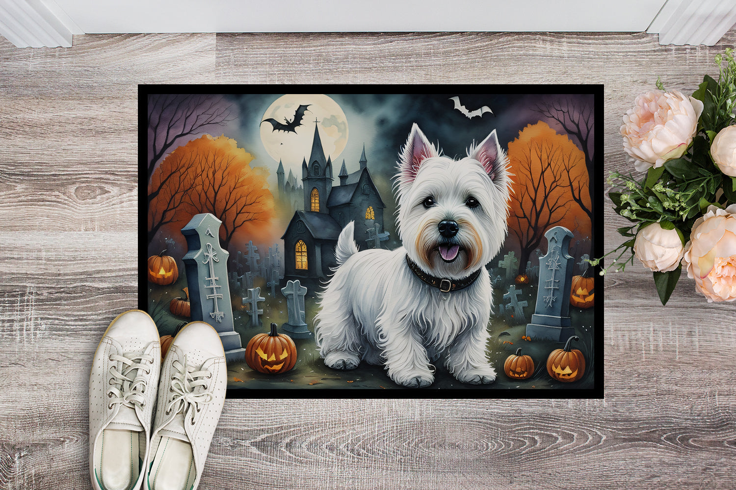Westie Spooky Halloween Doormat Indoor Outdoor 18H X 27W Front Door Mat Rugs for Entryway, Non Slip Washable