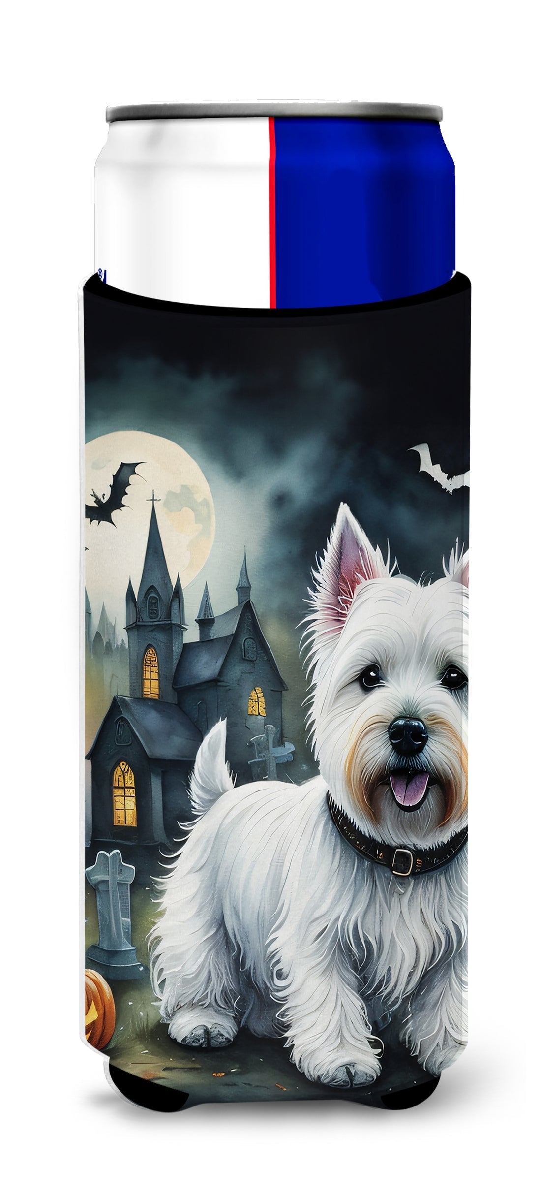 Westie Spooky Halloween Slim Can Hugger , Insulated Foam Hugger for 12 oz Slim Cans, Beer Bottles & Water Bottles, Printed in USA