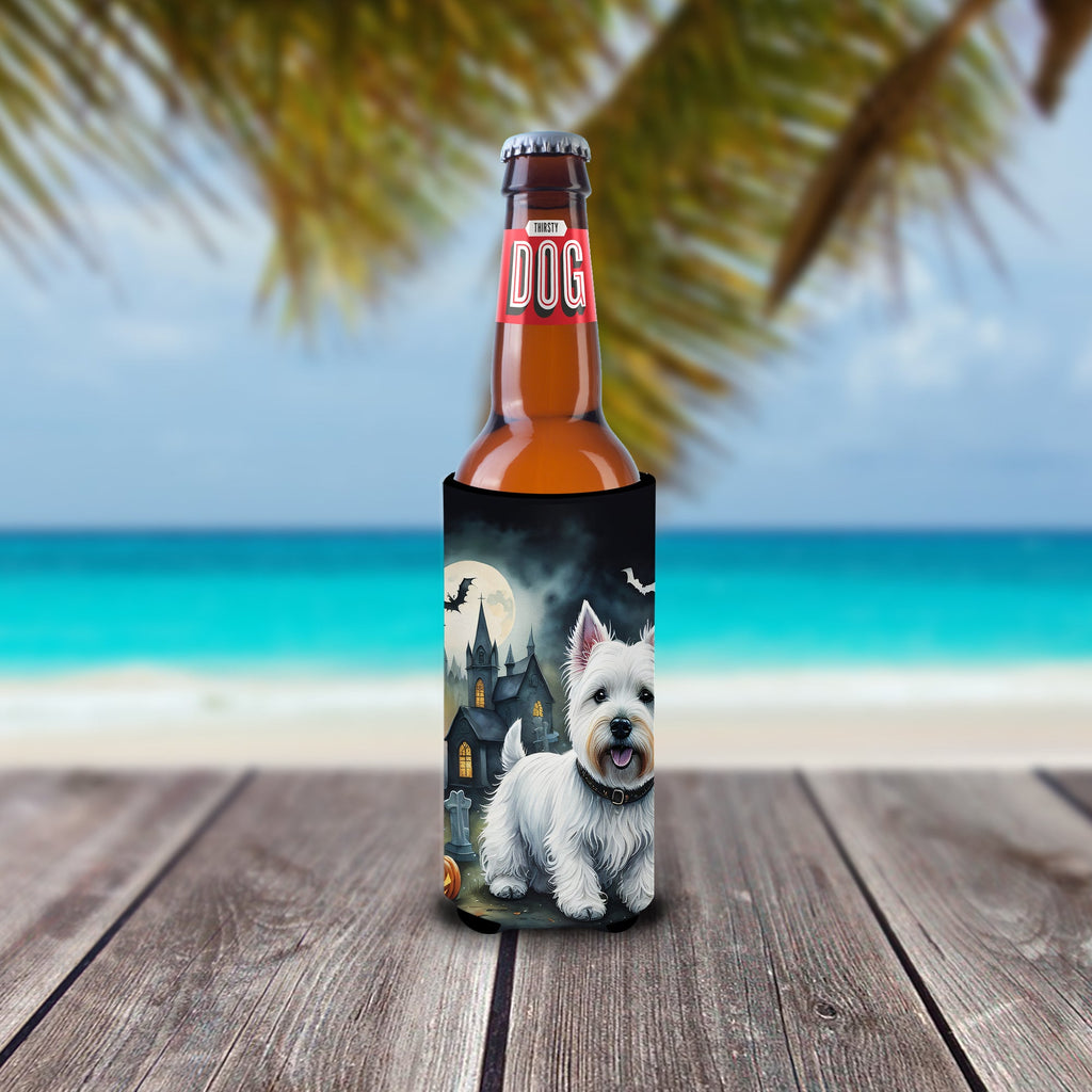 Westie Spooky Halloween Slim Can Hugger , Insulated Foam Hugger for 12 oz Slim Cans, Beer Bottles & Water Bottles, Printed in USA