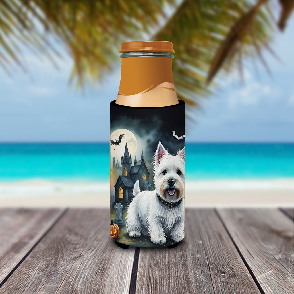 Westie Spooky Halloween Slim Can Hugger , Insulated Foam Hugger for 12 oz Slim Cans, Beer Bottles & Water Bottles, Printed in USA