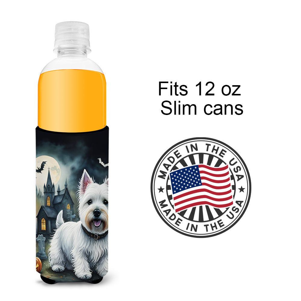 Westie Spooky Halloween Slim Can Hugger , Insulated Foam Hugger for 12 oz Slim Cans, Beer Bottles & Water Bottles, Printed in USA