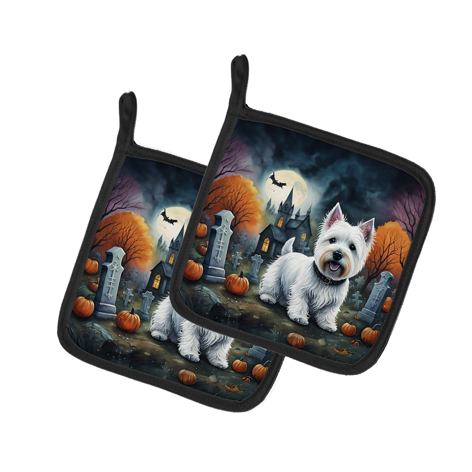 Westie Spooky Halloween Pot Holder Set of 2 Heat Resistant Quilted Hot Pads 7.5 x 7.5 Inch, Insulated Kitchen Trivets for Cooking & Baking