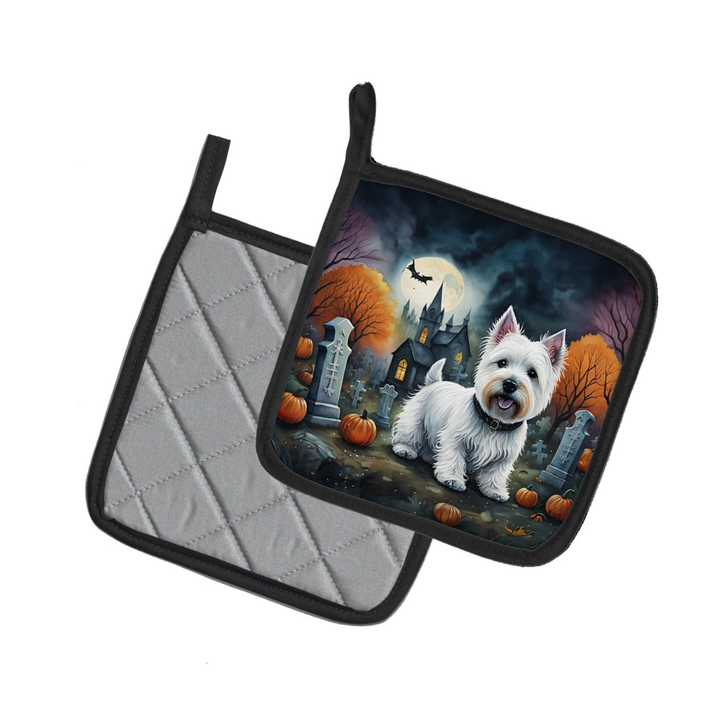 Westie Spooky Halloween Pot Holder Set of 2 Heat Resistant Quilted Hot Pads 7.5 x 7.5 Inch, Insulated Kitchen Trivets for Cooking & Baking