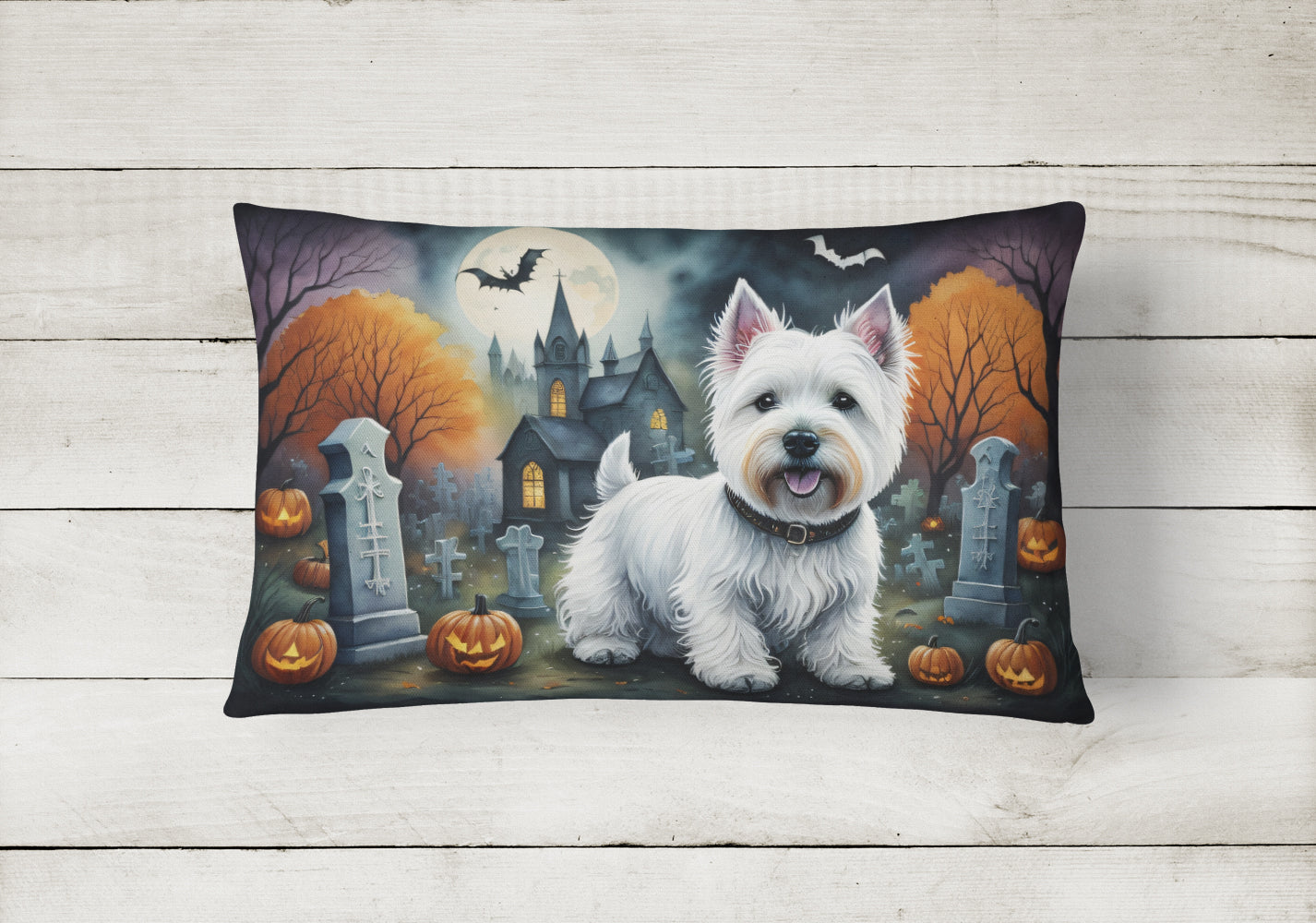 Westie Spooky Halloween Decorative Throw Pillow 12x16 Indoor Outdoor Accent Cushion, Fabric Cover with Insert for Sofa, Bed, Porch & Living Room