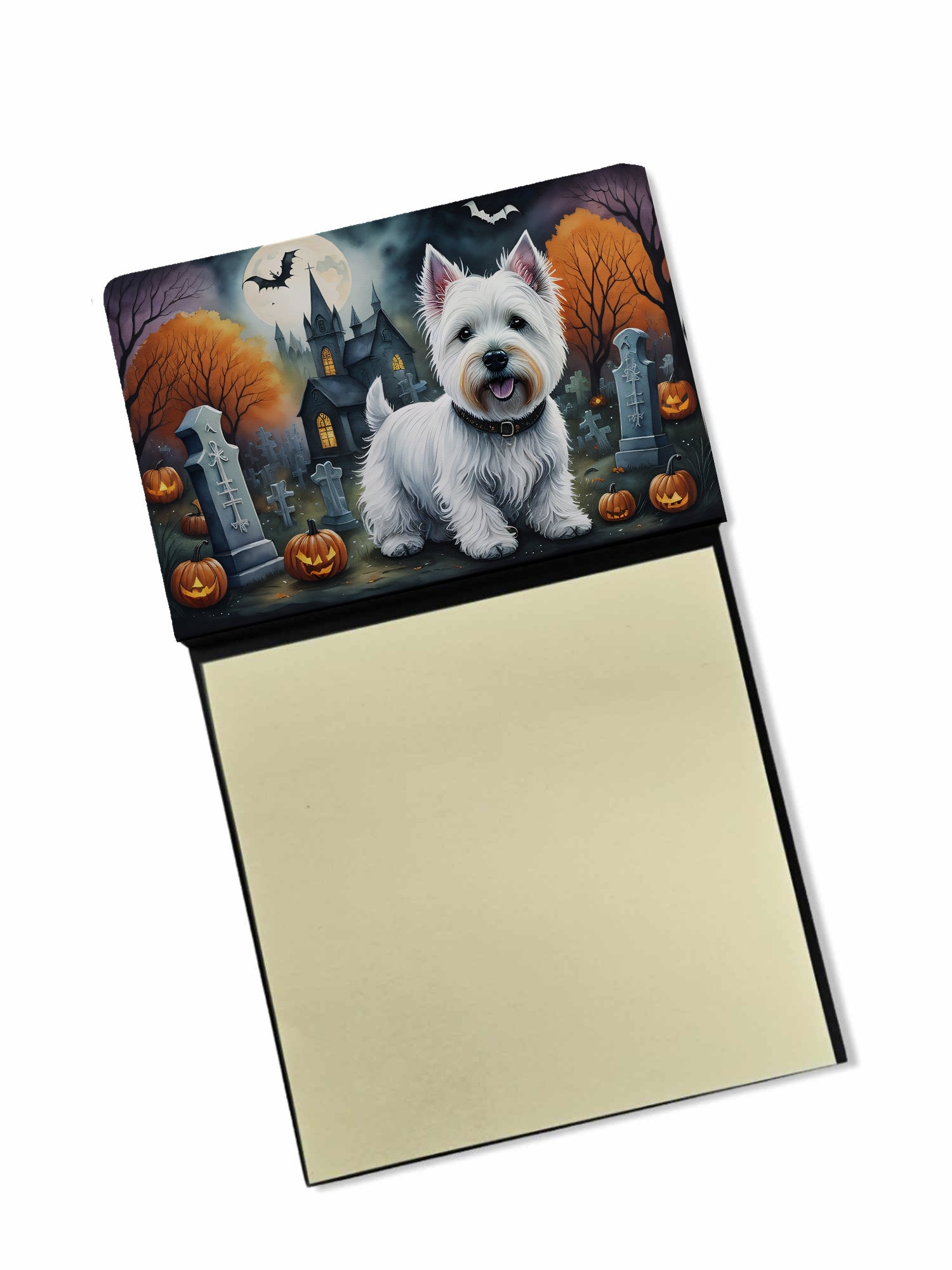 Westie Spooky Halloween Watercolor Sticky Note Holder Refillable Dispenser Desk Accessory 3x3 Pad Gift