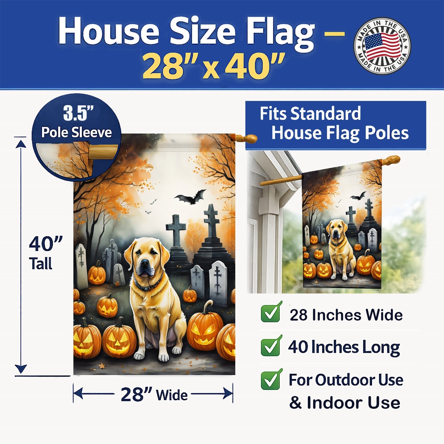 Yellow Labrador Retriever Spooky Halloween House Flag 28x40 Porch Sleeve Pole Decorative Outside Yard Banner Artwork Wall Hanging, Polyester