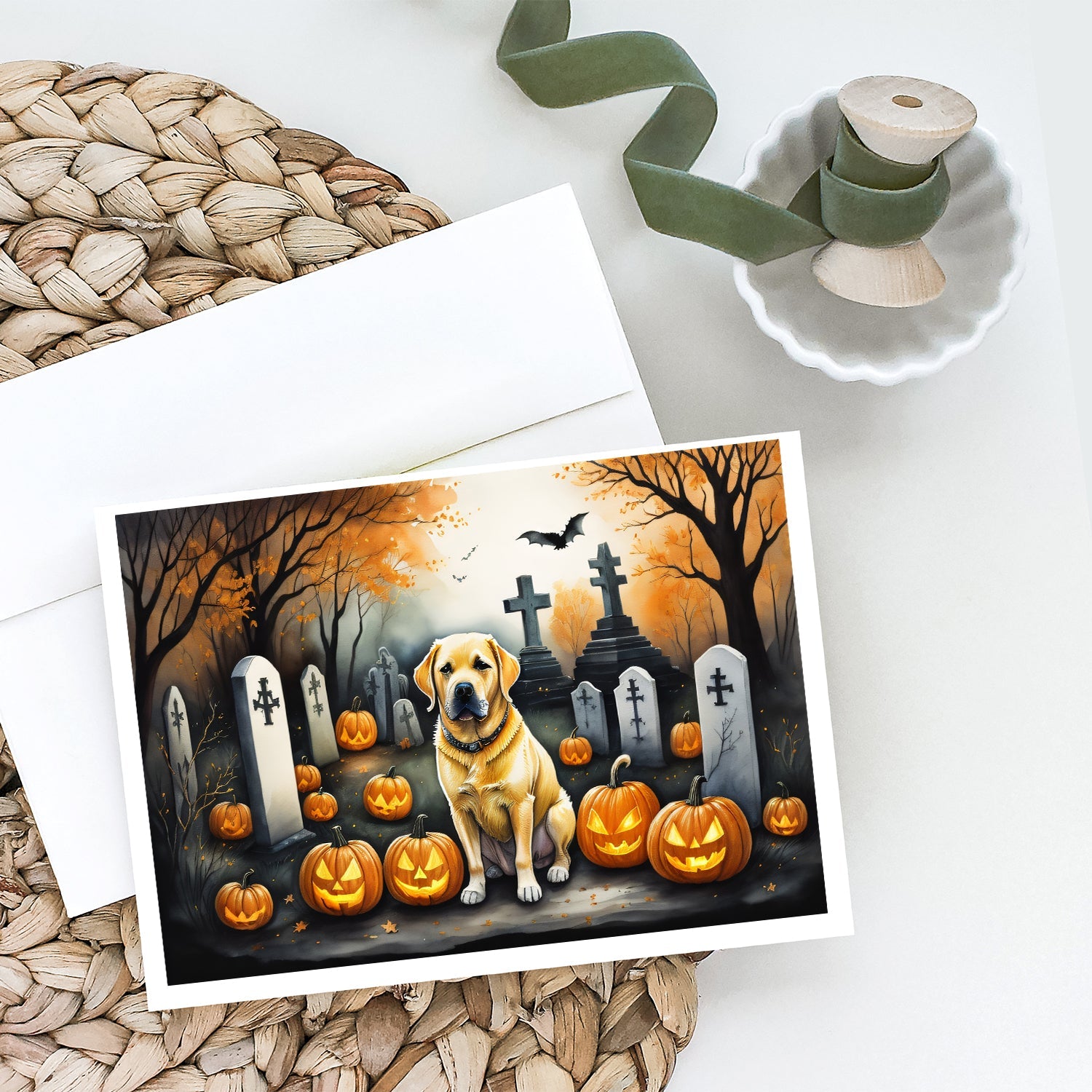 Yellow Labrador Retriever Spooky Halloween Greeting Cards Pack of 8 Blank Cards with Envelopes Whimsical A7 Size 5x7