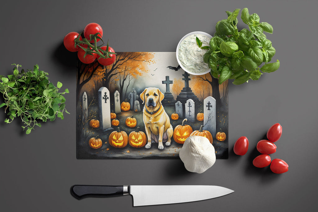 Yellow Labrador Retriever Spooky Halloween Cutting Board Tempered Glass Kitchen Cutting Surface, Heat Resistant Chopping, Non-Slip Feet, Food Prep & Serving