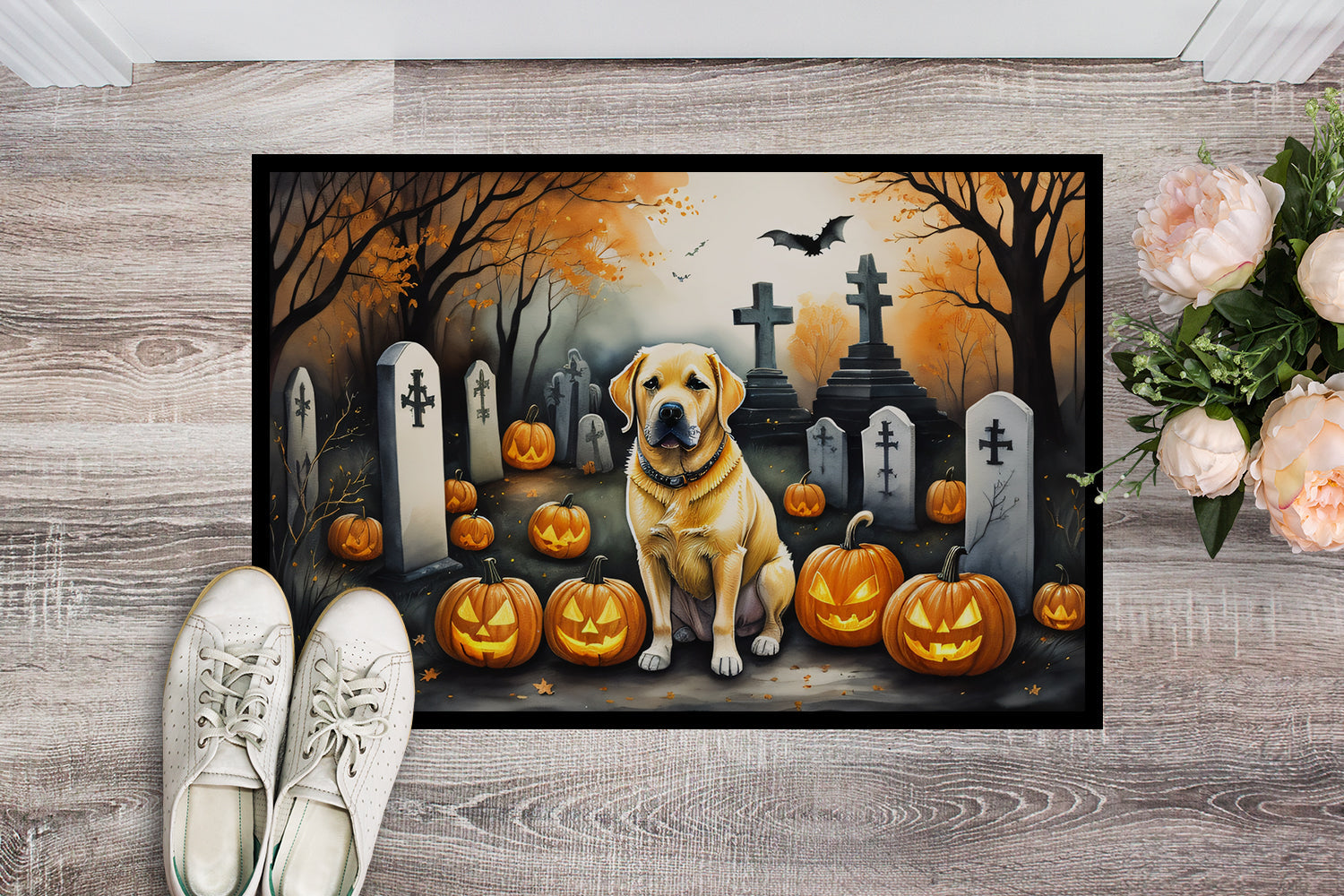 Yellow Labrador Retriever Spooky Halloween Doormat Indoor Outdoor 18H X 27W Front Door Mat Rugs for Entryway, Non Slip Washable