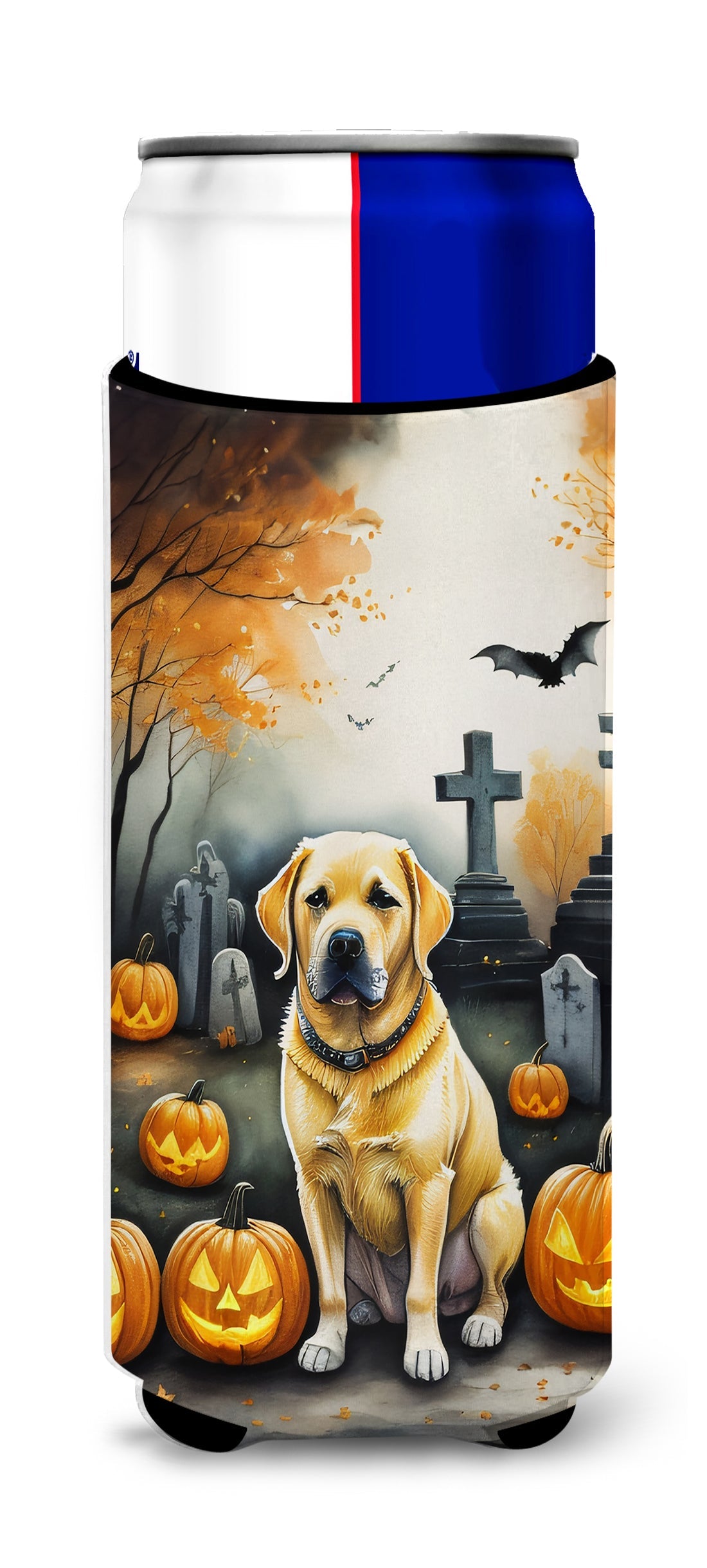 Yellow Labrador Retriever Spooky Halloween Slim Can Hugger , Insulated Foam Hugger for 12 oz Slim Cans, Beer Bottles & Water Bottles, Printed in USA