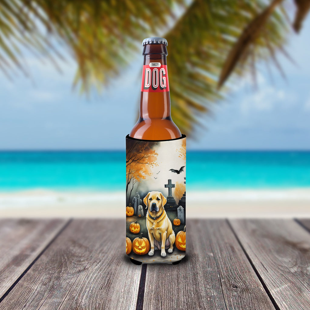 Yellow Labrador Retriever Spooky Halloween Slim Can Hugger , Insulated Foam Hugger for 12 oz Slim Cans, Beer Bottles & Water Bottles, Printed in USA