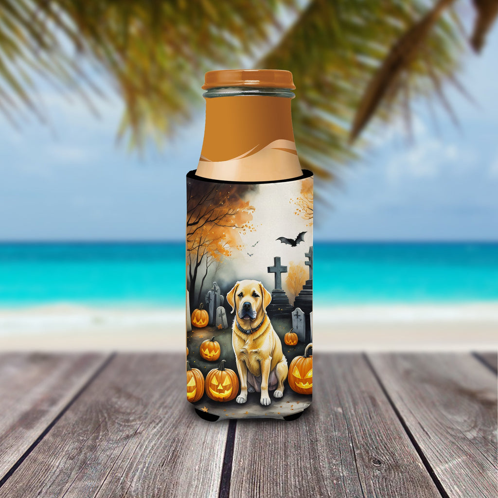 Yellow Labrador Retriever Spooky Halloween Slim Can Hugger , Insulated Foam Hugger for 12 oz Slim Cans, Beer Bottles & Water Bottles, Printed in USA