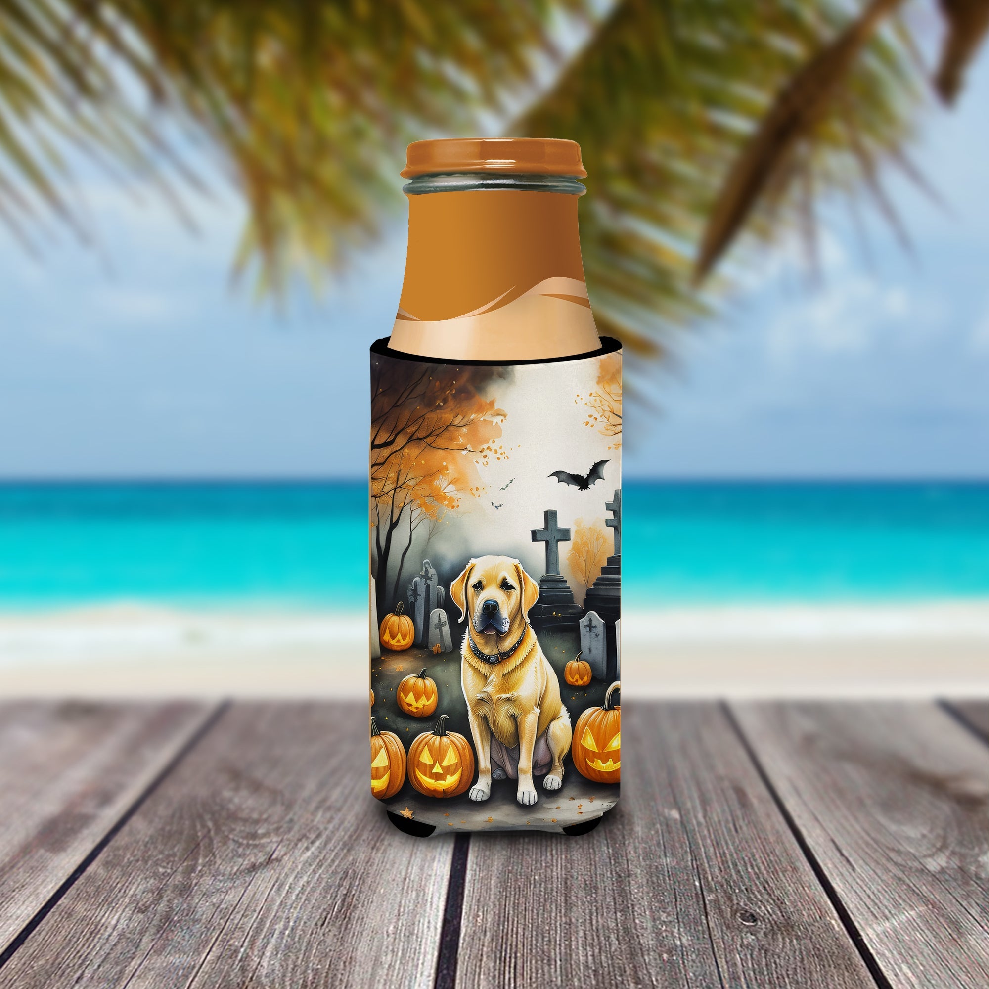 Yellow Labrador Retriever Spooky Halloween Slim Can Hugger , Insulated Foam Hugger for 12 oz Slim Cans, Beer Bottles & Water Bottles, Printed in USA